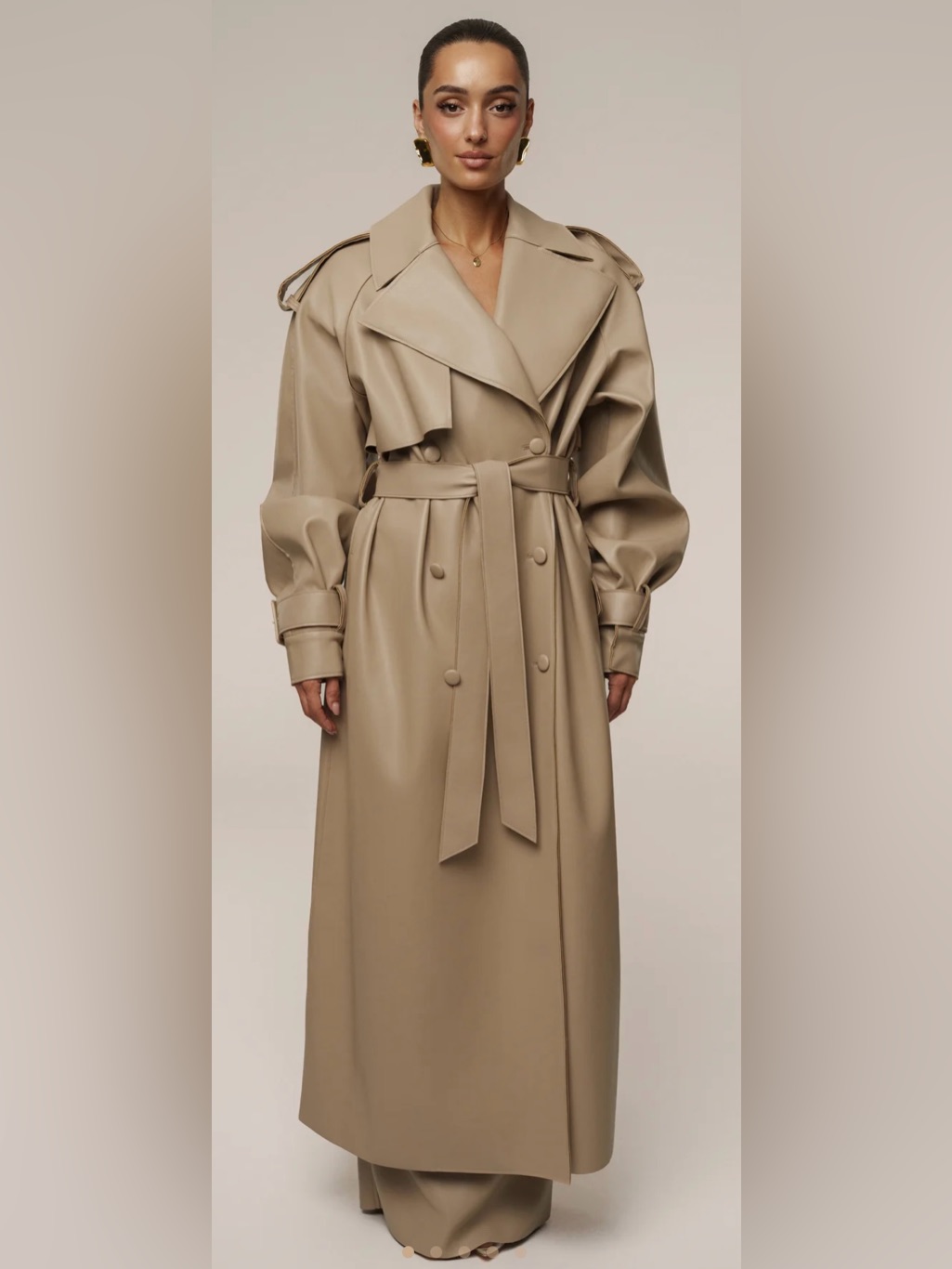 Jluxlabel Taupe Faux-Leather Double-Breasted Trench